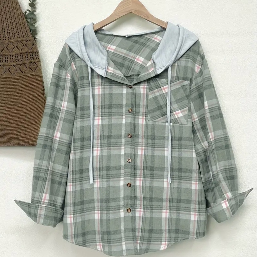 Lightweight Hooded Plaid Flannel Button Front Shirt Sage Green - Picture 6 of 7